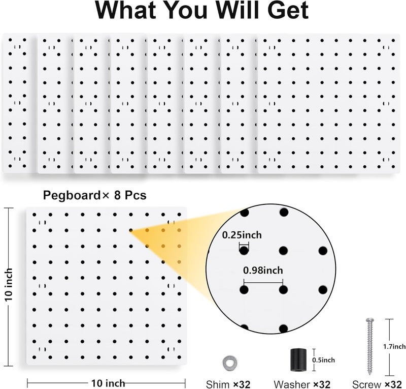 Lansi 8PCS Pegboard Wall Organizer Panels, White Pegboard Wall Mount for Craft Room, Garage, Kitchen, Living Room, Bathroom, and Study Room, Peg Boards for Walls Easy to Install - Image 3